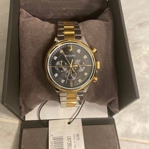 Men’s NEW Bulova Watch 98D172 Chronograph Diamond Black Dial Two Tone Steel